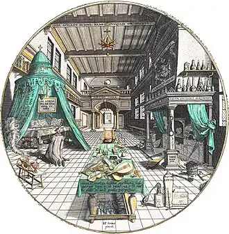 Engraving of a circular laboratory–temple with instruments and inscriptions