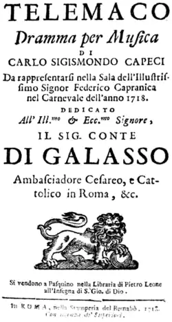 Alessandro Scarlatti, Telemaco, titlepage of the libretto, Rome, 1718