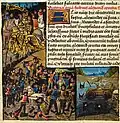 Folio 56v.: Alexander’s third victory over Darius; Darius escaping over the river in a cart.