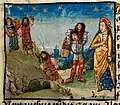 Folio 34r.: Alexander killing Nectanebus, his father, by throwing him into a ditch.