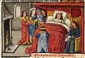 Folio 95v.: Alexander on his deathbed, surrounded by mourners, and dictating his will to his notary.