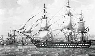 Portrait of Alexandre (1857) as a gunnery school ship, her engine removed after 1873. by François Roux.