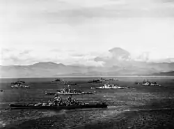 Ships of U.S. Third Fleet and British Pacific Fleet in Sagami Bay, 28 August 1945, preparing for the formal Japanese surrender. Nearest ship is USS&nbsp;Missouri. HMS&nbsp;Duke of York is just beyond, with HMS&nbsp;King George V further in. USS&nbsp;Colorado is in far center distance. Mount Fuji is in the background.