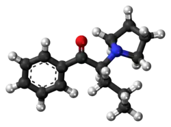 Ball-and-stick model of the alpha-PVP molecule