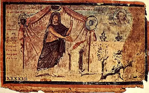 Image 51Achilles sacrificing to Zeus for Patroclus' safe return at Ambrosian Iliad, unknown author (from Wikipedia:Featured pictures/Culture, entertainment, and lifestyle/Religion and mythology)