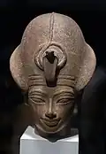 Head of Amenhotep III; 1390–1352&nbsp;BC; quartzite; 24 × 20&nbsp;cm, 9.8&nbsp;kg; British Museum