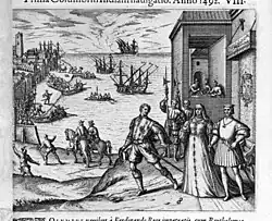 King Ferdinand & Queen Isabella watching Christopher Columbus departing for the Caribbean - Americae pars Quarta, 1594