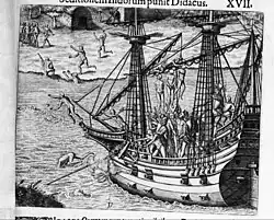 Didacus Ocampus punishes the rebellion of the Indians in Cumana - Americae pars Quarta, 1594