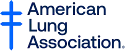Three royal blue lines with beveled tips, forming a tall cross with two short horizontal bars. The horizontal bars intersect exactly at the midpoint of the vertical, and then half way above that. Beside the cross is the organization name, the American Lung Association