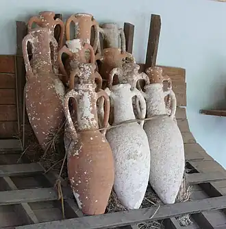 Bronze Age amphorae from shipwrecks near Bodrum, Turkey, with rack and roping device illustrating how they might have been kept from shifting