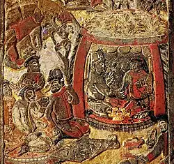 In a Turkic yurt, the Sogdian trader An Jia (left) with a Turkic Chieftain (right). 579 CE, Tomb of An Jia, Xi’an, China.