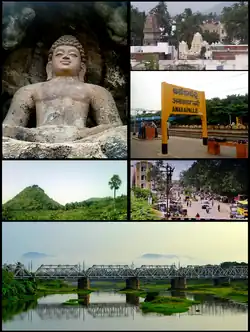 Anakapalli montage Clockwise from top left: rock-cut Buddha statue at Bojjannakonda, view of Anakapalli, Anakapalli railway station, streets of Anakapalli, rail bridge on Sarada River, view of Satyanarayana Konda