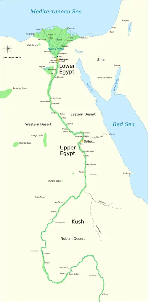 Ancient Egyptian cities and other sites following the Nile up to the Fifth Cataract. Modern Cairo and Jerusalem are marked for reference.