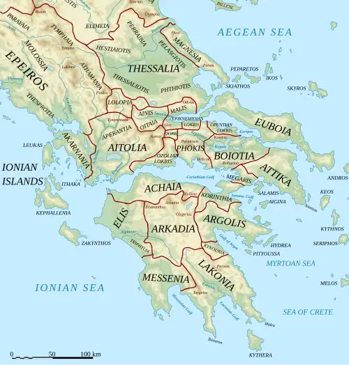 Map of Greece: the Peloponnese is to the south, Thessaly to the north, Attica slightly east and north of the Peloponnese. The Peloponnese is separated from the rest of Greece by the narrow Gulf of Corinth, bridged by the even narrower Isthmus of Corinth in the east.