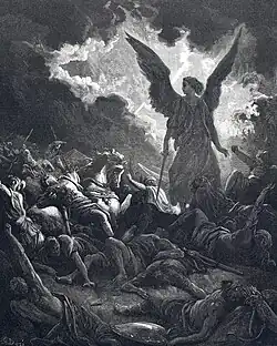 Wood engraving by Gustave Doré depicting the Biblical narrative of an angel destroying Sennacherib's army outside Jerusalem