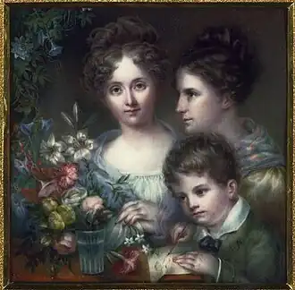 Ann Hall, Her Sister Eliza Hall Ward, and Her Nephew Henry Hall Ward, 1828. Miniature on ivory, 4+1⁄4 x 4+1⁄4 in., New-York Historical Society, New York, New York