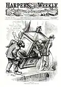 Caricature depicting figures tipping over a sedan chair.