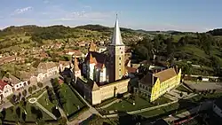 Aerial view of the Saxon fortified church of Moșna