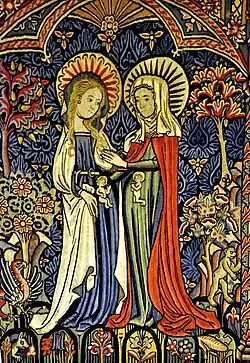 Tapestry Visitation, with the two "cutaway" children, c. 1410. John the Baptist kneels to Jesus, who blesses him.[24]