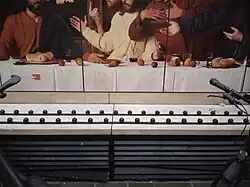 Strips of metal balls affixed to what was previously a bench in front of the Dublin's Last Supper mural in Dublin, Ireland