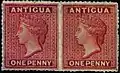1867 one penny vermillion stamps of Antigua error imperforate between from the Toeg collection.[13]