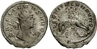 Antoninianus issued to celebrate LEG II ITAL VII P VII F, "Legio II Italica seven times faithful and loyal."