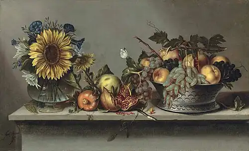Still Life with Flowers in a Vase and a Fruit Bowl on a Ledge by Antonio Ponce, 1640–60, private collection.