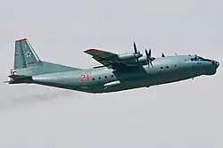 A Pacific Fleet Naval Aviation Antonov An-12BK cargo aircraft over Knevichi Airport, 2013