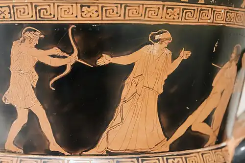 Apollo holding his bow, Leto and Tityos