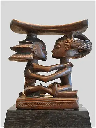 Headrest; 19th century; wood; height: 18.5&nbsp;cm (7.3&nbsp;in), width: 19&nbsp;cm (7.5&nbsp;in), thickness: 8&nbsp;cm (3.1&nbsp;in); Musée du quai Branly (Paris). This headrest presents 19th century Luba hairstyles, as well as the long limbs, bent-back legs, cylindrical torso and dynamic pose typical of the artist who made it.