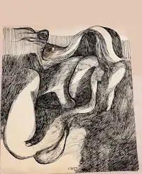 Ink drawing "Contours of Solitude" created in 1980
