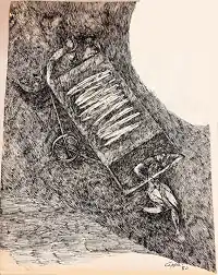 Ink drawing "Laboring" created in 1980