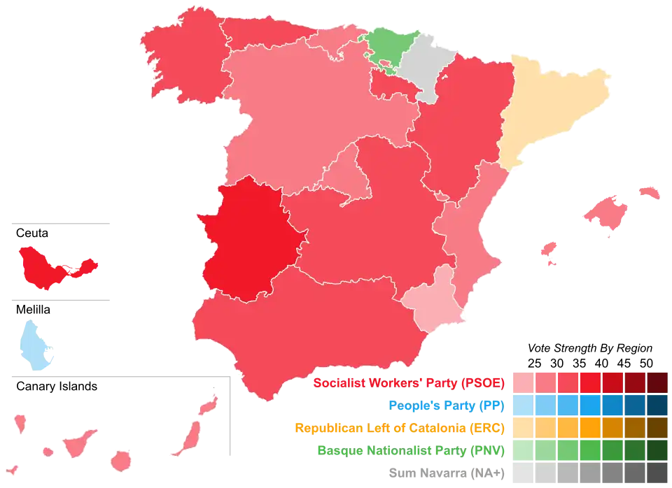Map of Spain showcasing winning party's strength by autonomous community