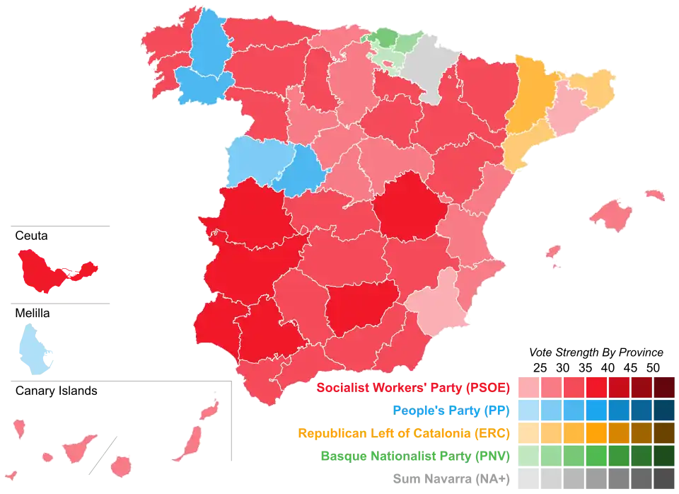 Map of Spain showcasing winning party's strength by constituency