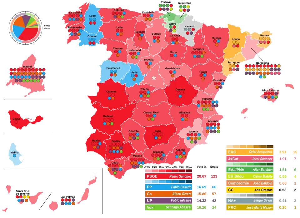Map of Spain showcasing seat distribution by Congress of Deputies constituency