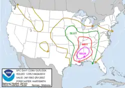 Map of the United States with risk levels highlighted in areas surrounding the Deep South