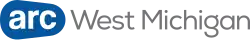 A blue tilted trapezoid with rounded edges containing the letters a r c, next to the words "West Michigan" in a thin sans serif in gray