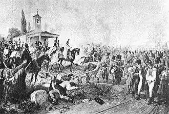 Black and white print shows a crowd of soldiers.