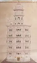 Architectural drawing of the tower complex of Gurdwara Baba Atal in Amritsar, ca.1900's