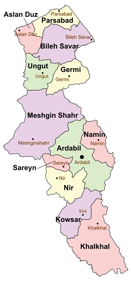 Location of Kowsar County in Ardabil province (bottom, purple)