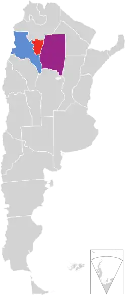 Argentina showing the three provinces that formed the republic: Santiago del Estero (east), Tucumán (center) and Catamarca (west)