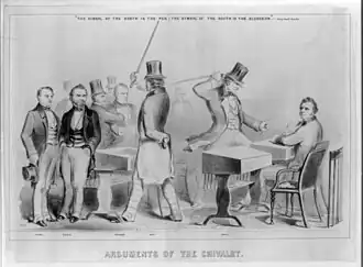 Political cartoon, refer to text. Captioned with a quote reading "The symbol of the North is the pen, the symbol of the South is the bludgeon"