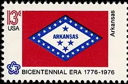 The Arkansas state flag as depicted in the 1976 bicentennial postage stamp series.