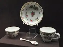 Teacup, coffee cup, spoon and saucer from the Daniel Ludlow service, c. 1775–1778