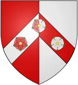 Arms of the Viscounts Knollys Per pale gules and argent on a chevron three roses counterchanged barbed and seeded proper