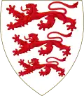 Variant of argent, charged with three lions passant gules
