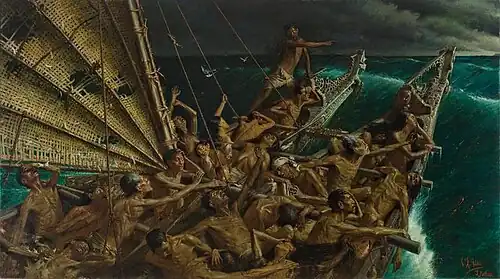 Louis John Steele and Charles Goldie, 1899, 138 &nbsp;cm × 245&nbsp;cm, Auckland Art Gallery. The artists were familiar with Géricault's painting and it influenced their work The Arrival of the Maoris in New Zealand.[89]