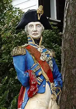 Grade II listed statue of Lord Nelson in Portmeirion, Wales (See §&nbsp;Examples: Portmeirion, Lord Nelson.)