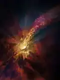 Artist’s concept showing condensing clouds of cold molecular gas around Abell 2597[7]
