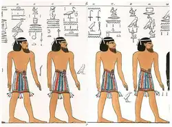 Aamu people (𓂝𓄿𓅓𓅱 characters spread alongside each individual) in the Book of Gates (rendering)